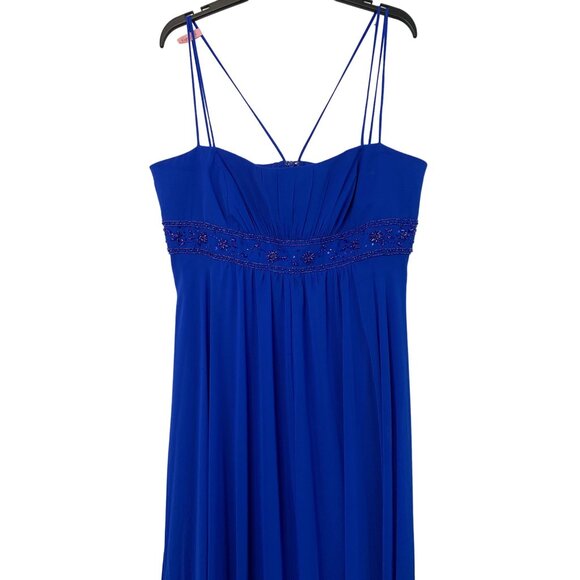 David's Bridal Blue Chiffon Bead Empire Waist Spaghetti Strap Gown Size 16 7256 - Picture 7 of 8